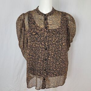 Ted Baker Chiffon‎ Animal Print Exaggerated Shoulder Button Front Blouse Size 3